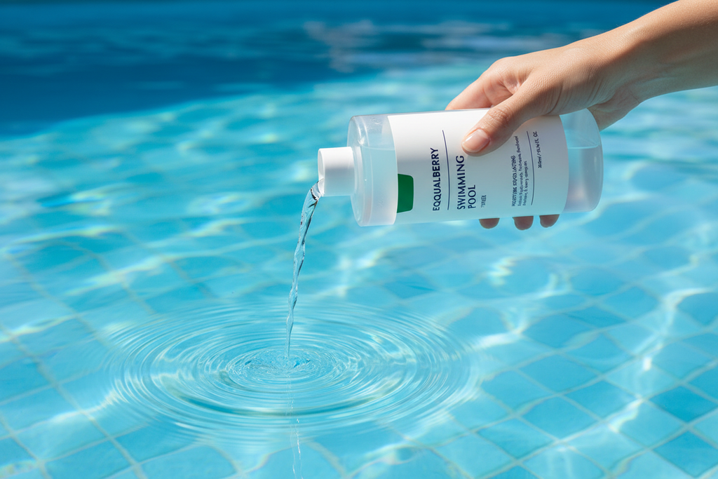 Hand pouring Eqqualberry toner into pool
